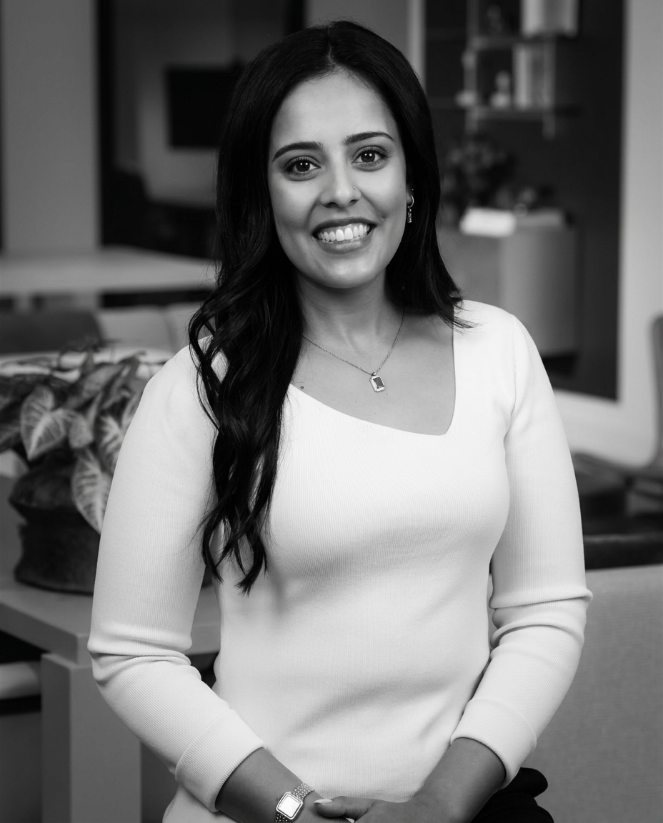 Black and white portrait of Namrata Jumani